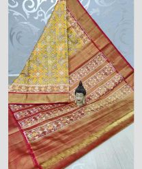Mustard Yellow and Red color pochampally ikkat pure silk handloom saree with all over pochamally ikkat design -PIKP0021169
