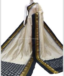 Cream and Black color pochampally ikkat pure silk handloom saree with plain with kaddi border design -PIKP0021960