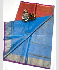 Copper Red and Lite Blue color Uppada Tissue handloom saree with plain with kaddi border design -UPPI0001715
