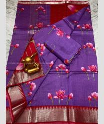 Purple and Red color mangalagiri pattu handloom saree with all over digital printed with 150 by 50 jari border design -MAGP0026233