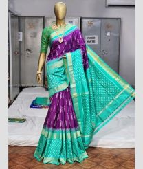 Purple and Turquoise color pochampally ikkat pure silk handloom saree with all over buties saree design -PIKP0015999