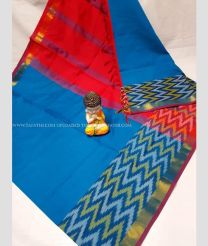 Blue and Red color Tripura Silk handloom saree with plain with big pochampally ikkat border design -TRPP0008507