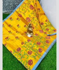 Yellow and sky BLue color Uppada Cotton handloom saree with printed design saree -UPAT0003073
