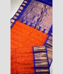 Orange and Blue color gadwal pattu handloom saree with all body woven and tiny jari and reasham checks with temple kothakoma kuthu interlock weaving system design -GDWP0001261