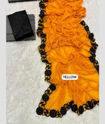 Mango Yellow and Black color Georgette sarees with sequence work and heavy velevet cut paste design unique flower border with golden siroski on border -GEOS0020959
