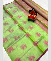 Lite Green and Purple color Uppada Tissue handloom saree with all over contrast buties design -UPPI0000279