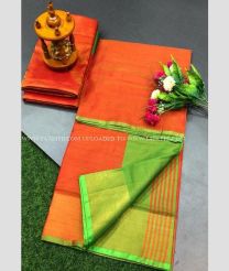 Orange and Parrot Green color Uppada Tissue handloom saree with plain with big border design -UPPI0001264