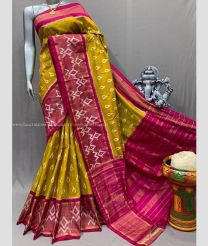 Mustard Yellow and Magenta color pochampally ikkat pure silk handloom saree with pochampalli border saree design -PIKP0016512