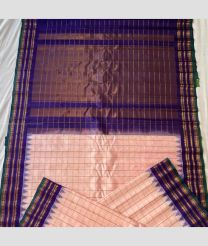 Cream and Purple Blue color gadwal pattu handloom saree with all body weave with tiny jari and reasham checks with temple kothakomakuthu interlock weaving system design -GDWP0001175