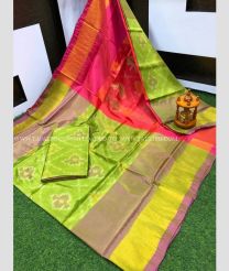 Acid Green and Brown color Uppada Soft Silk handloom saree with all over ikkat design -UPSF0003748