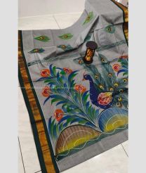 Grey and Pine Green color Uppada Cotton handloom saree with all over brush printed design -UPAT0004517