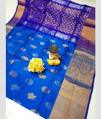 Blue and Golden Brown color uppada pattu handloom saree with all over buties and checks with kaddi border design -UPDP0021187