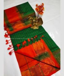 Green and Orange color Tripura Silk handloom saree with all over mahanati checks with pochampally border design -TRPP0008040