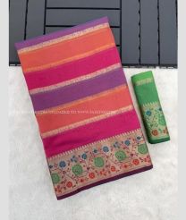 Pink and Green color Kora handloom saree with all over lines design -KORS0000137
