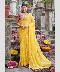 Lite Yellow color Chiffon sarees with all over design with sarvoski cut work border -CHIF0001972