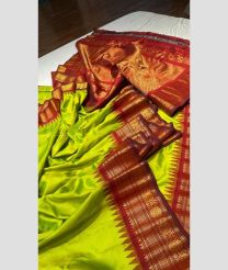 Lite Parrot Green and Red color gadwal pattu handloom saree with all over woven buties including muniya with bentex and temple kothakomma kuthu interlock border design -GDWP0001621