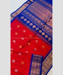 Red and Royal Blue color gadwal pattu handloom saree with temple border saree design -GDWP0000656