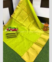 Lite Parrot Green and Golden color Chenderi silk handloom saree with all over buties with kaddy border design -CNDP0013783