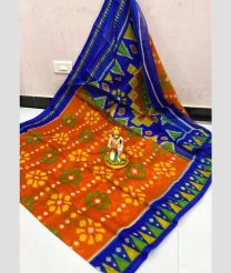 Orange and Blue color linen sarees with all over printed design -LINS0003802