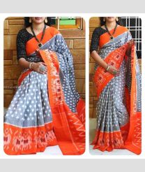 Grey and Orange color pochampally Ikkat cotton handloom saree with all over pochampally design saree -PIKT0000057