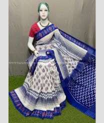 Half White and Blue color pochampally Ikkat cotton handloom saree with all over pochampally ikkat design -PIKT0000519