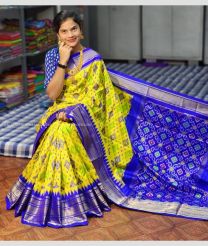 Yellow and Blue color pochampally ikkat pure silk handloom saree with pochampalli ikkat with kanchi border saree design -PIKP0016738