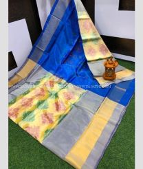 Lemon Yellow and Blue color Uppada Soft Silk handloom saree with all over ikkat design -UPSF0003745