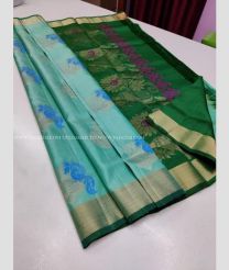 Sky BLue and Dark Green color soft silk kanchipuram sarees with kaddy border saree design -KASS0000309