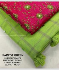 pink and green color linen sarees with allover checks saree design -LINS0002058