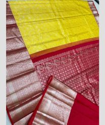 Mango Yellow and Red color kanchi pattu handloom saree with all over hand woven jari design -KANP0013049