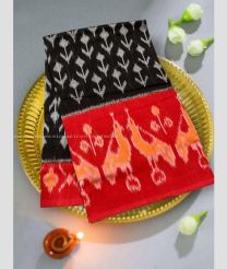 Black and Red color pochampally Ikkat cotton handloom saree with pochampalli ikkat design -PIKT0000779