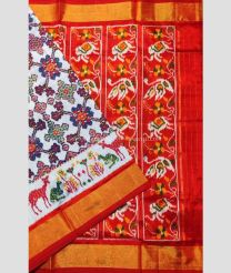 White and Red color pochampally ikkat pure silk handloom saree with all over pochampally design with tissue border -PIKP0019514