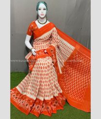 Cream and Orange color pochampally Ikkat cotton handloom saree with special marthas patterns design -PIKT0000598