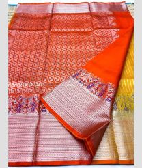 Yellow and Orange color venkatagiri pattu handloom saree with all over silver lines design -VAGP0000953