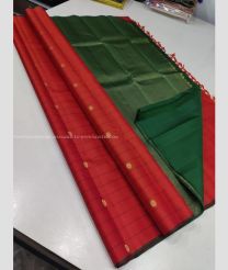 Red and Pine Green color kanchi pattu handloom saree with all over checks and buties with 2g pure jari traditional pattern border design -KANP0013192