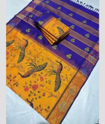 Orange and Blue color Tripura Silk handloom saree with kaddy border design -TRPP0008593