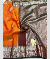 Orange and Maroon color kanchi pattu handloom saree with all over double warp thread with traditional buties design -KANP0013708