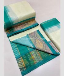 Cream and Blue Turquoise color Tripura Silk handloom saree with plain and thread woven lines with pochampally border design -TRPP0008026
