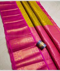 Mustard Yellow and Pink color Chenderi silk handloom saree with all over buties with kanchi kuppadam border design -CNDP0015745