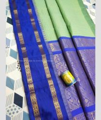 Pista and Blue color Chenderi silk handloom saree with all over mothi checks with temple border design -CNDP0016061