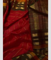 Red and Black color gadwal cotton handloom saree with plain with kuthu interlock woven system design -GAWT0000107