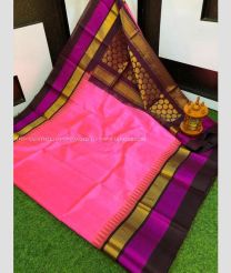 Pink and Magenta color kuppadam pattu handloom saree with plain with sp temple border design -KUPP0096971