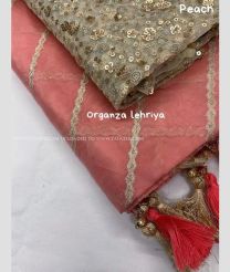 Peach and Grey color Organza sarees with zari stripes saree design -ORGS0000997