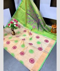 Cream and lite Parrot Green color Uppada Tissue handloom saree with printed design -UPPI0000450