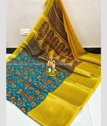 Blue Ivy and Acid Green color linen sarees with all over kalamkari printed with kanchi border design -LINS0003737