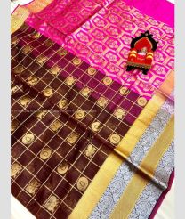 Brown and Pink color Chenderi silk handloom saree with small buti design -CNDP0009591