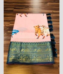 Lite Peach and Navy Blue color Banarasi sarees with all over woven with jari work and majestic contrast kalamkari design printed -BANS0014798
