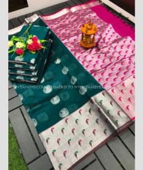 Teal and Pink color Chenderi silk handloom saree with all over buties with kanchi paithani border design -CNDP0015837