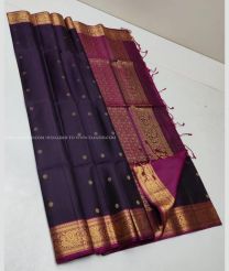 Dark Plum Purple and Magenta color soft silk kanchipuram sarees with all over buties and checks with double warp border design -KASS0000975