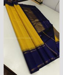 Yellow and Navy Blue color kanchi pattu handloom saree with plain with temple with 2g pure jari traditional korvai border design -KANP0013606
